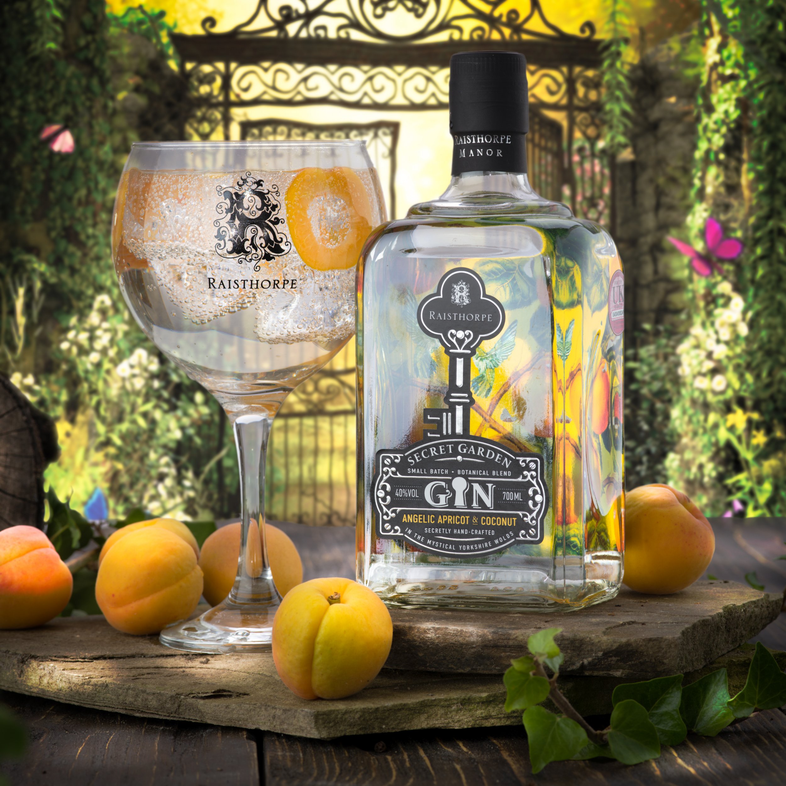 Apricot and Coconut Gin in illuminating bottle | Raisthorpe Manor Fine ...