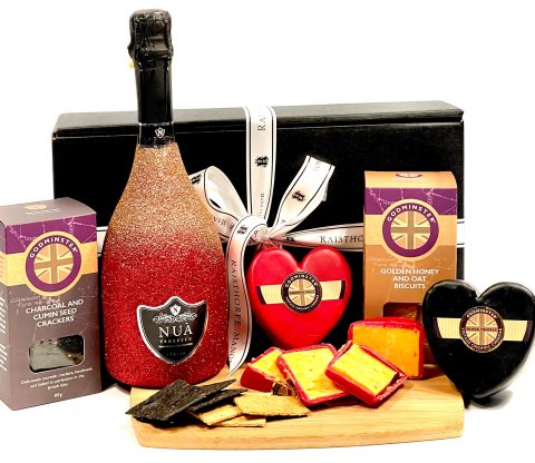 **New** Nua Prosecco in a glittering bottle with Chilli and Truffle Cheddar Cheeses and Cracker Hamper